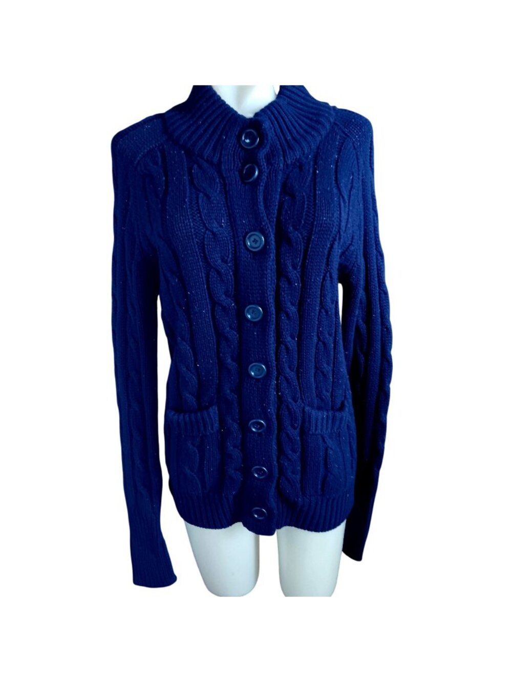 True Vintage Cardigan Sweater Medium 1970's Navy Blue Cable Knit Sears Long